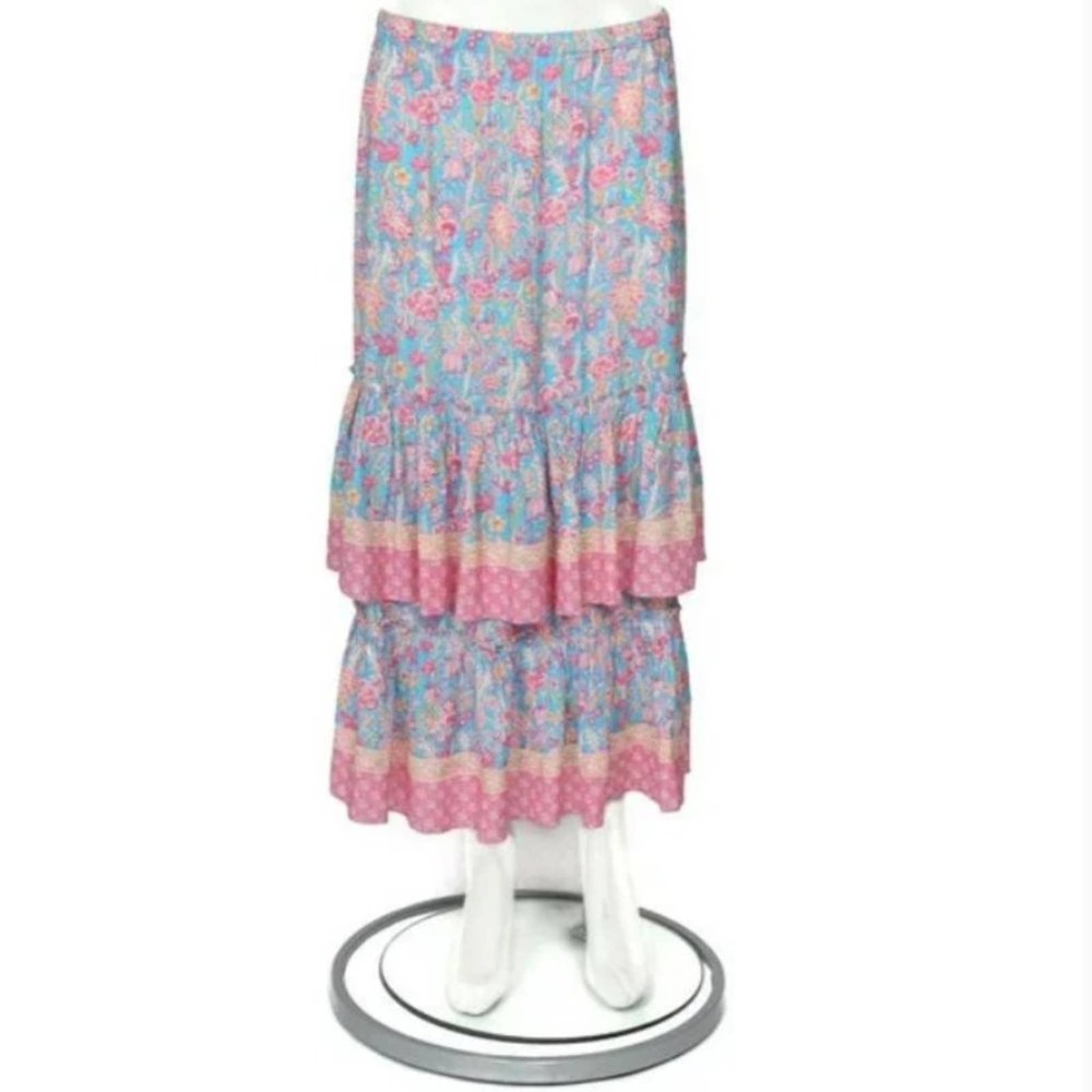Tracy Reese Pink and Blue Floral Tiered Midi Skirt